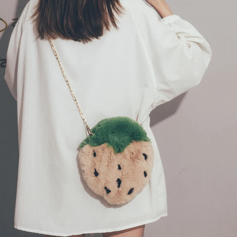 khaki strawberry candice guo cute plush toy lovely sweet soft semicircle watermelon chain crossbody bag coin bag creative birthday Christmas gift - Цвет: khaki strawberry