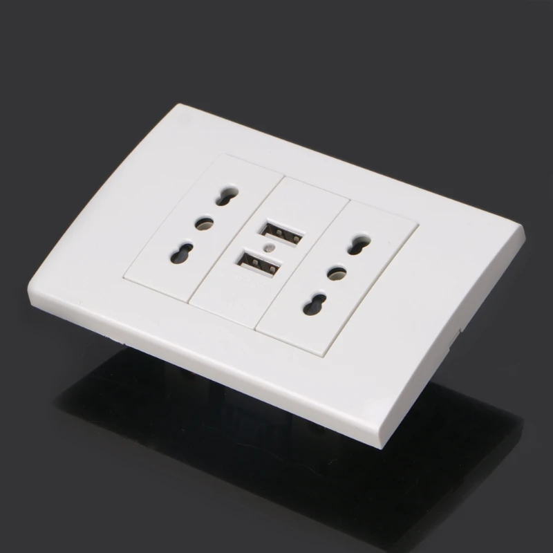 16A Wall Double Italian/Chile Plug Power Socket Adapter Dual USB Ports