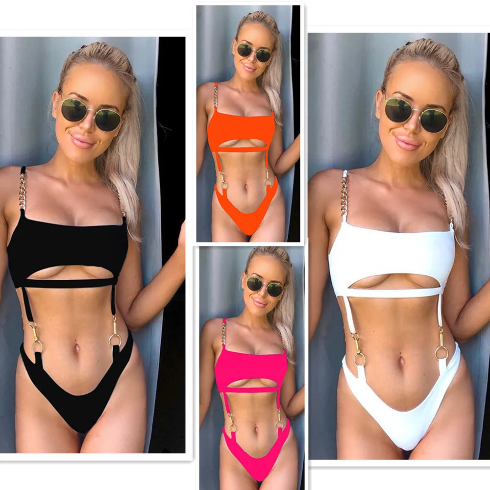 

Chain Sexy White Swimsuit One Piece Bathing Suit Brazilian Bikini 2019 Mujer Hollow Out High Cut Swimwear Women Push Up Monokini