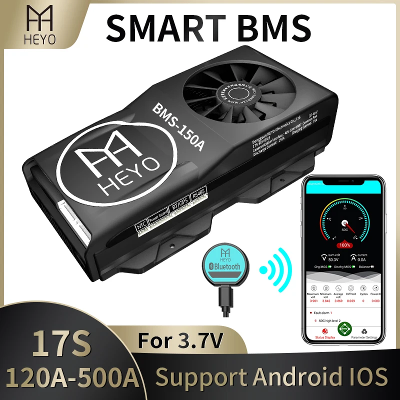 HEYO Smart Li Ion 17S 60V 80A 100A 120A 150A 200A 250A 300A 400A BMS Bluetooth UART RS485 CANbus зарядка с вентилятором E