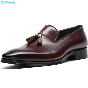 

QYFCIOUFU Tassel Men Wedding Shoe Genuine Leather Formal Business Pointed Toe For Man Dress Shoes Men's Oxford Flats Shoes Party