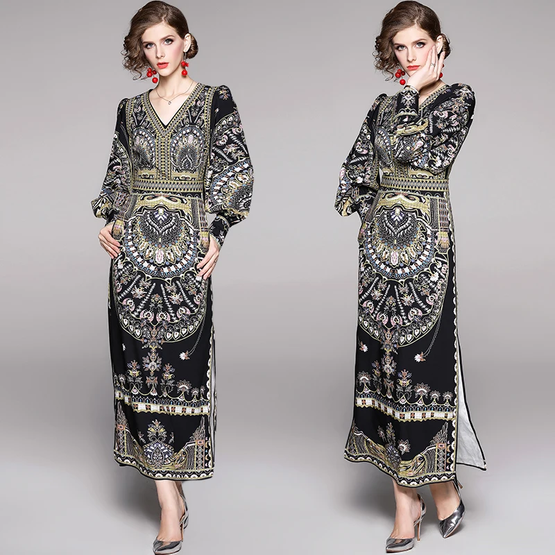 

Fashion 2020 Spring High-end Custom V-neck Long Sleeve Retro Printing Slim Thin Long Dress