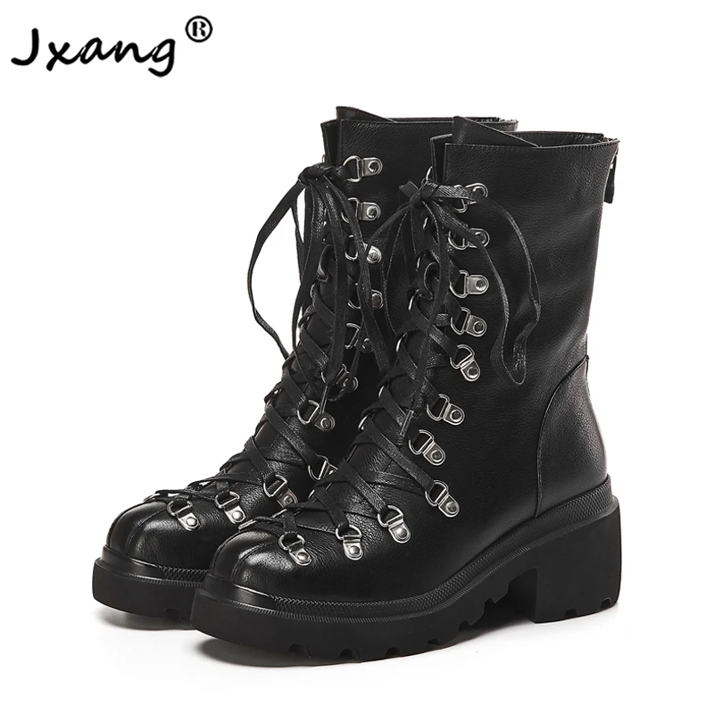 

JXANG New Fashion High quality women Punk Style Retro Cool rivet lace up ankle boots for woman Motorcycle Boot Girls black