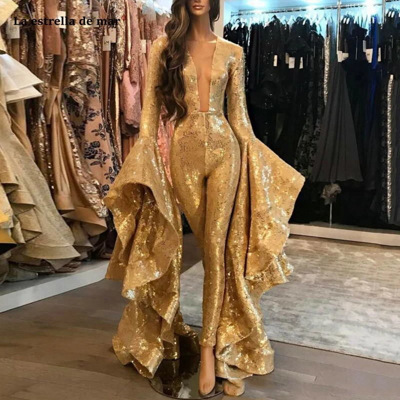 

Sexy Mermaid Evening Dresses Jumpsuit Long Sleeve Sequined Gold Prom Gowns Sexy Party Dress robe de soiree Abendkleider