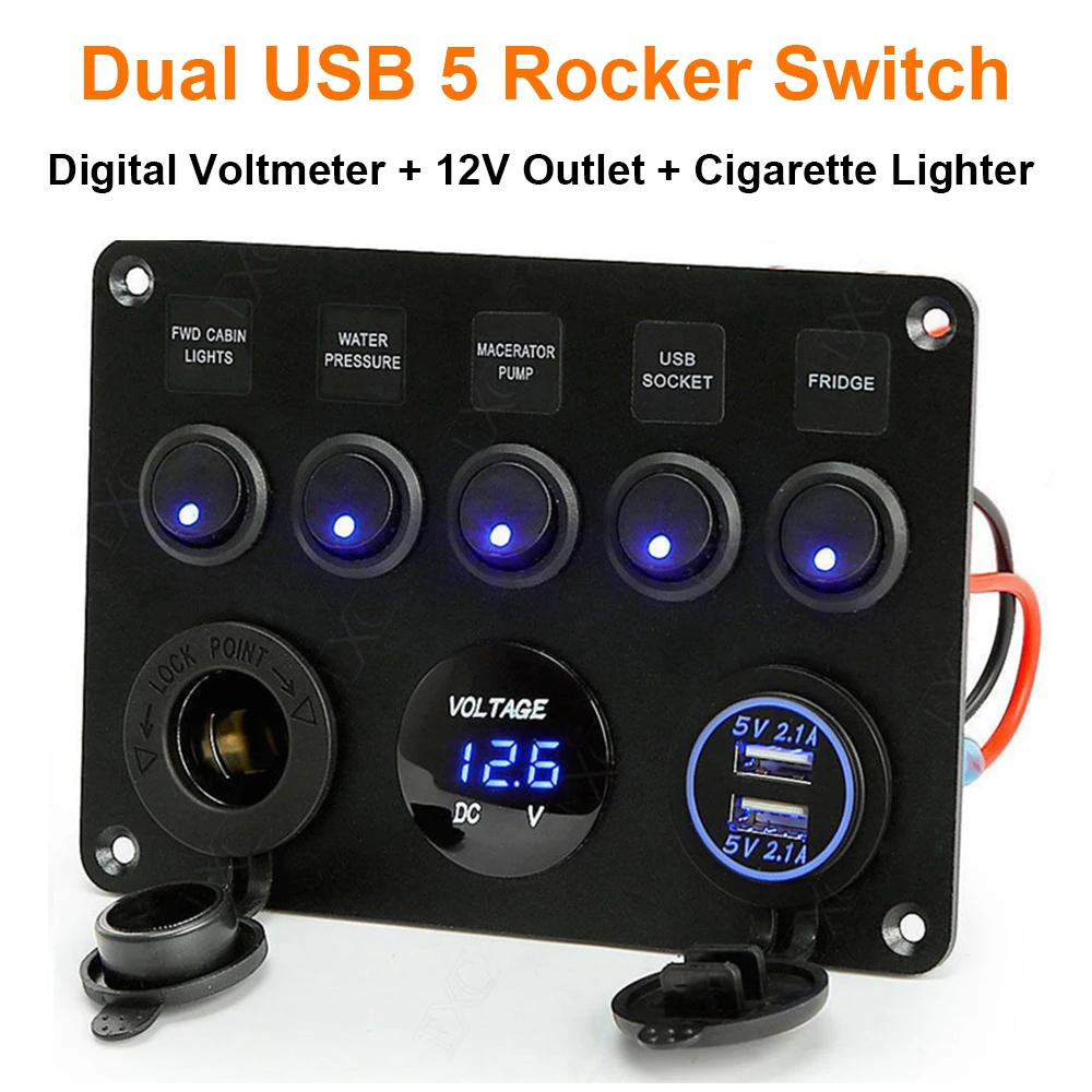  5 Gang Switch Panel 12V/24V Digital Voltmeter Rocker Switch Blue LED Light with Cigarette Lighter D