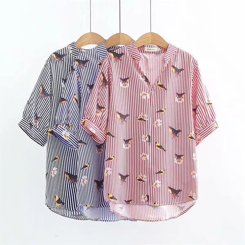 

size korte mouw bird print blouses vrouwen toevallige V-hals black & blue & roze gestreepte katoenen shirt zomer dames tops