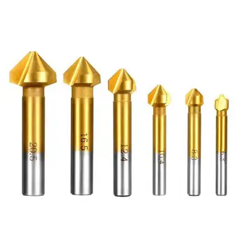 

6PCS/Set Three-Edged Chamfer Titanium Plated 90 degree Chamfered Countersink Drill Bit Straight Shank Milling Cutter #35