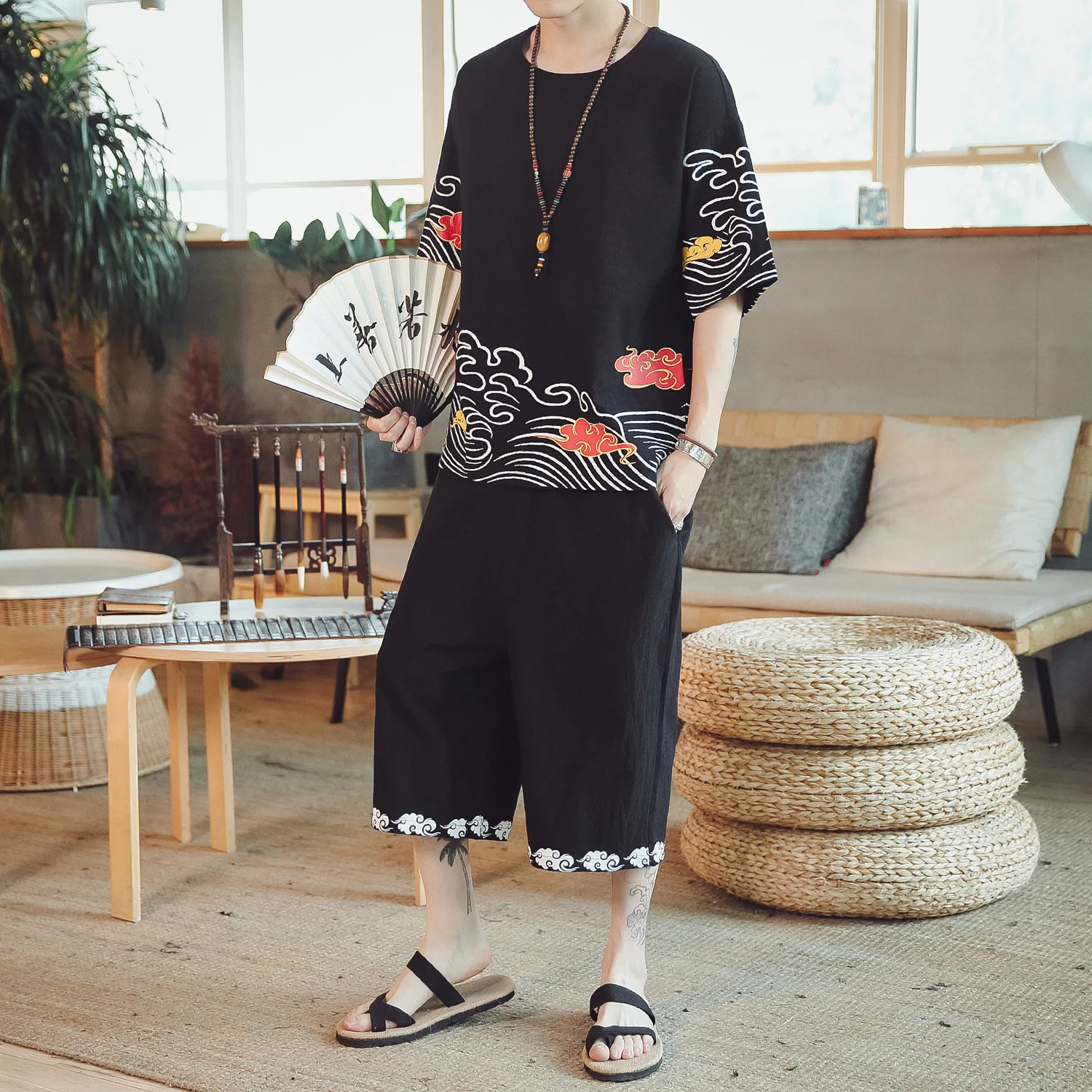 

2019 Summer Wear New Style Men's Cotton Linen Set Chinese-style Thin Waves Printed Loose-Fit Versatile Casual Two-Piece Set