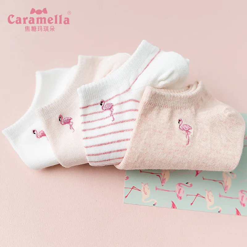 CARAMELLA Весна и лето женские низкие лайнеры носки 4 двойной коробки женские хлопковые носки Фламинго вышитые женские лодки