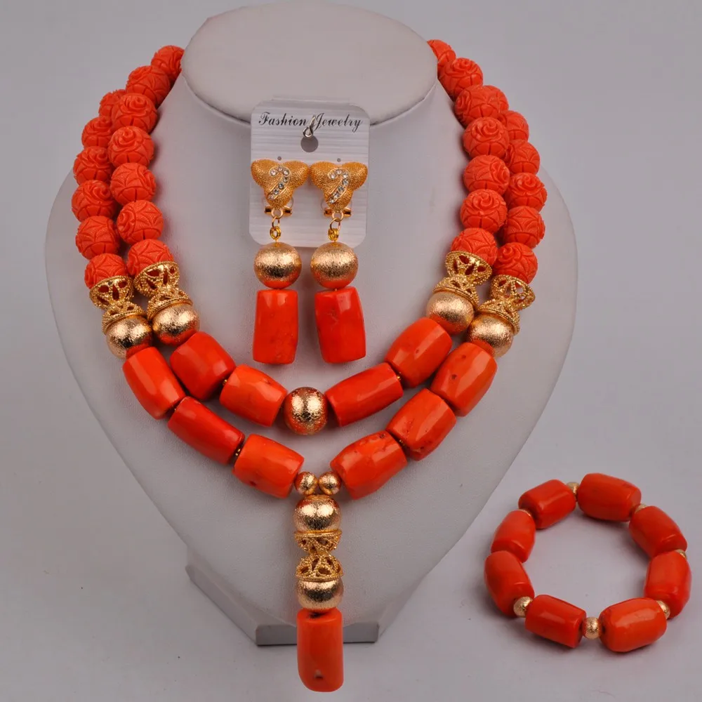 

Orange Coral Beads Jewelry Set African Necklace Nigerian Wedding Coral Bridal Jewelry Sets for Women 2-04-C4