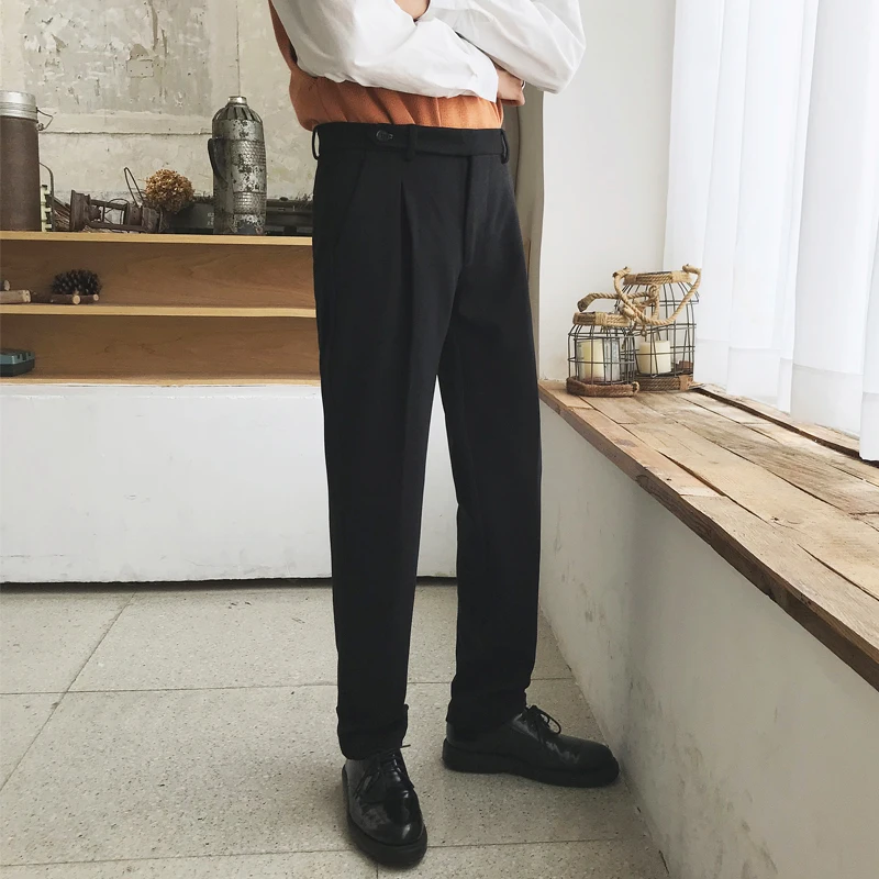 

2019 Autumn And Winter New Original Wide Leg Loose Woolen Casual Pants Personality Belt Elastic Trousers Black / Dark Gray M-2XL