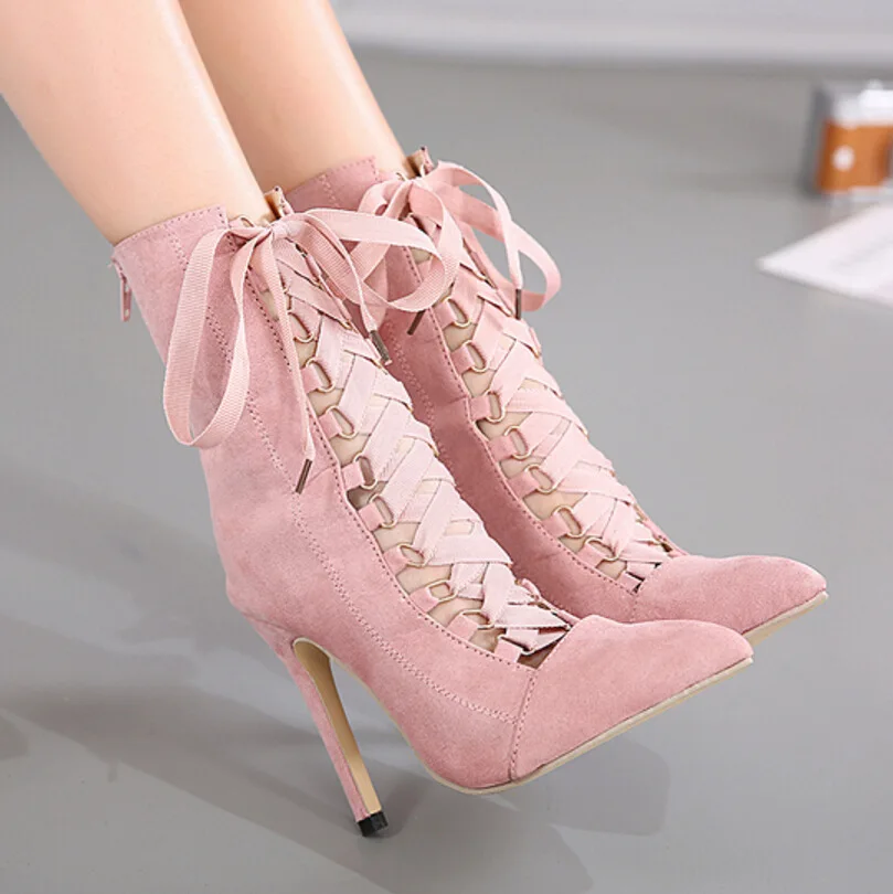 

2019 new European and American foreign trade new large size high heels female fine with pointed cross straps bare boots
