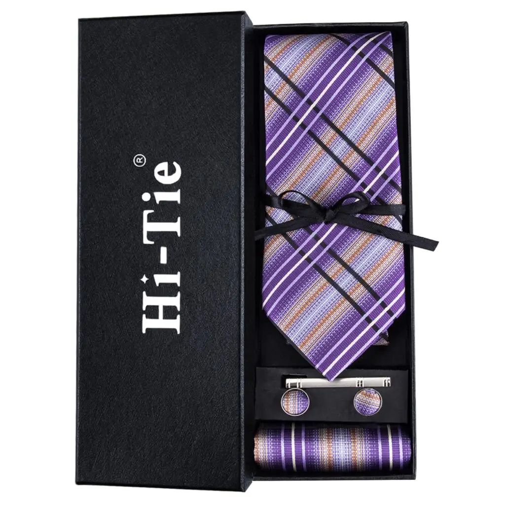 HT-457 Men Silk Ties Red Cravat Gold Luxury Floral Necktie Set Cufflinks Colorful Tie Clip Gift Box for Wedding Business Hi-Tie HT-1657 - Color: HT-457