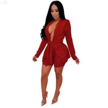 

Women Outfits Houndstooth Plaid Printed Blazers With Sashes Shorts Sets Two Piece Set Women Tracksuit Outfits Ensemble Femme