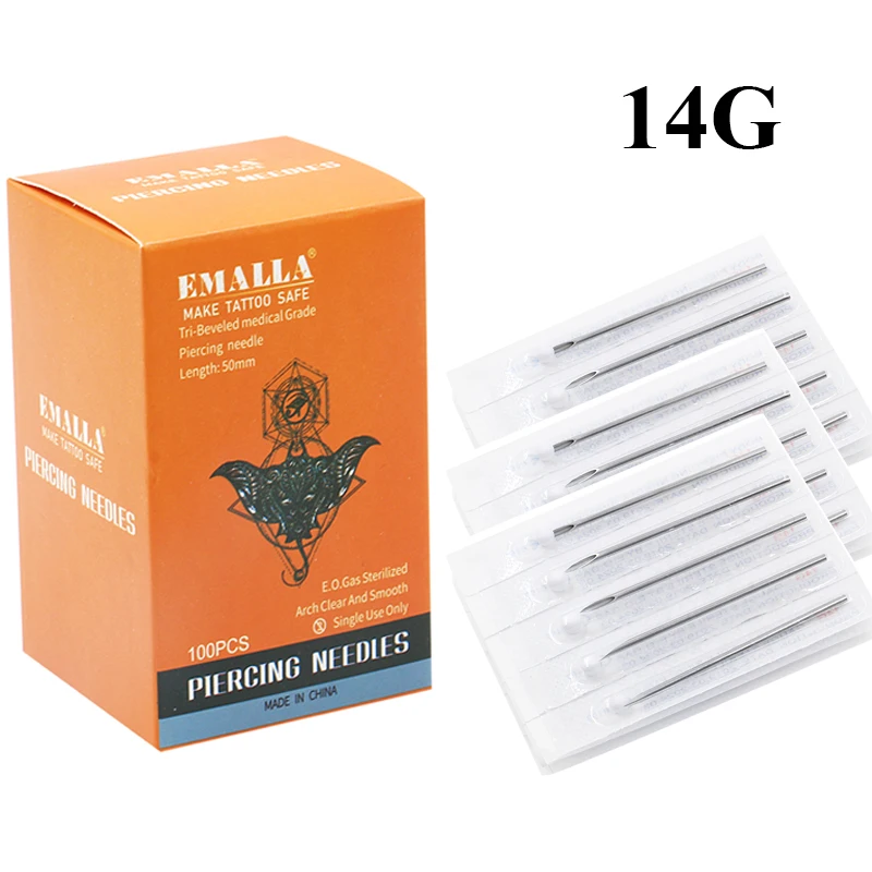 

100PC EMALLA 14G Piercing Needles 14G Sterile Disposable Body Piercing Tattoo Needles For Ear Nose Navel Nipple Free Shipping