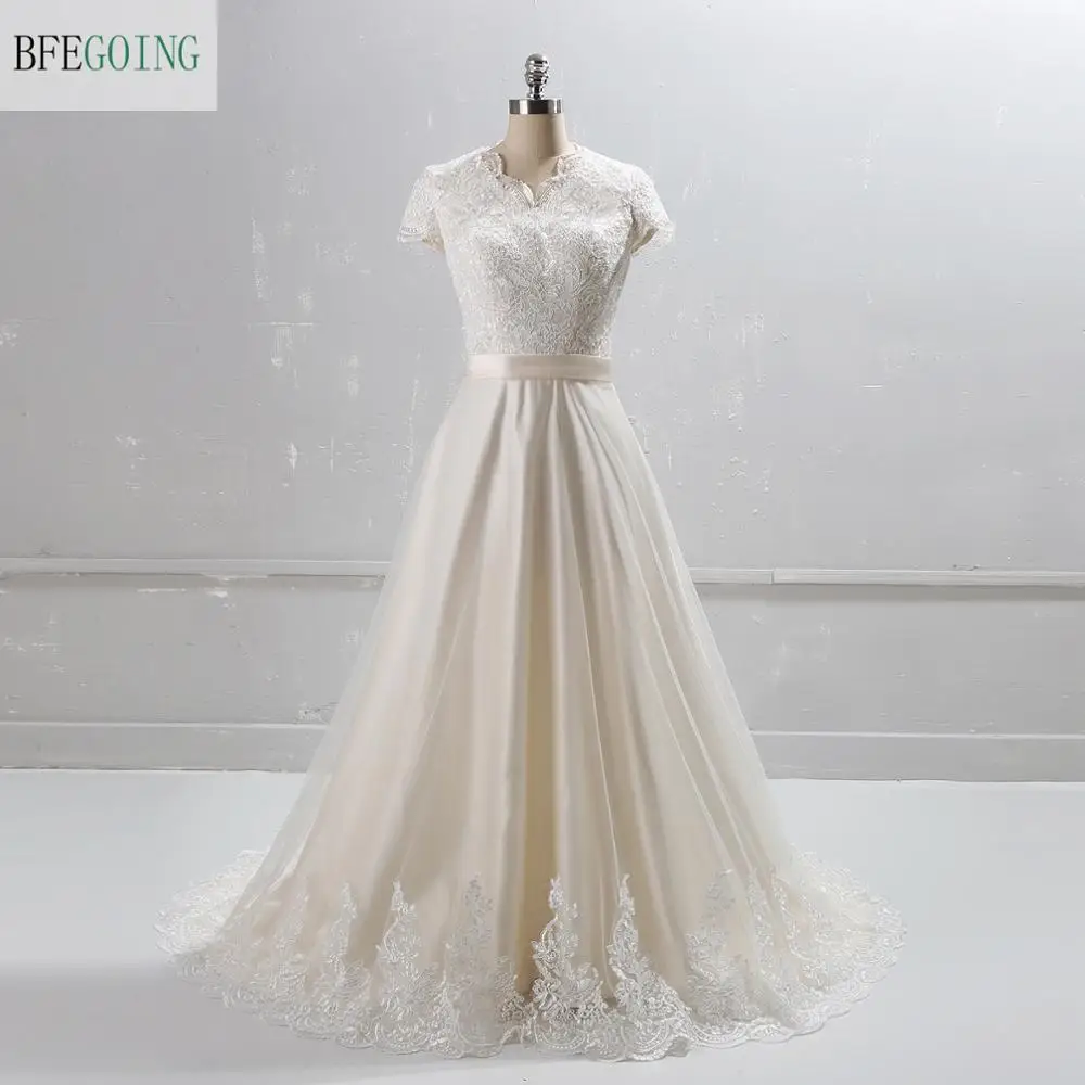 

Ivory Lace Tulle Cap sleeves V-Neck Belt Floor -Length A-line Wedding dress Court Train Custom made