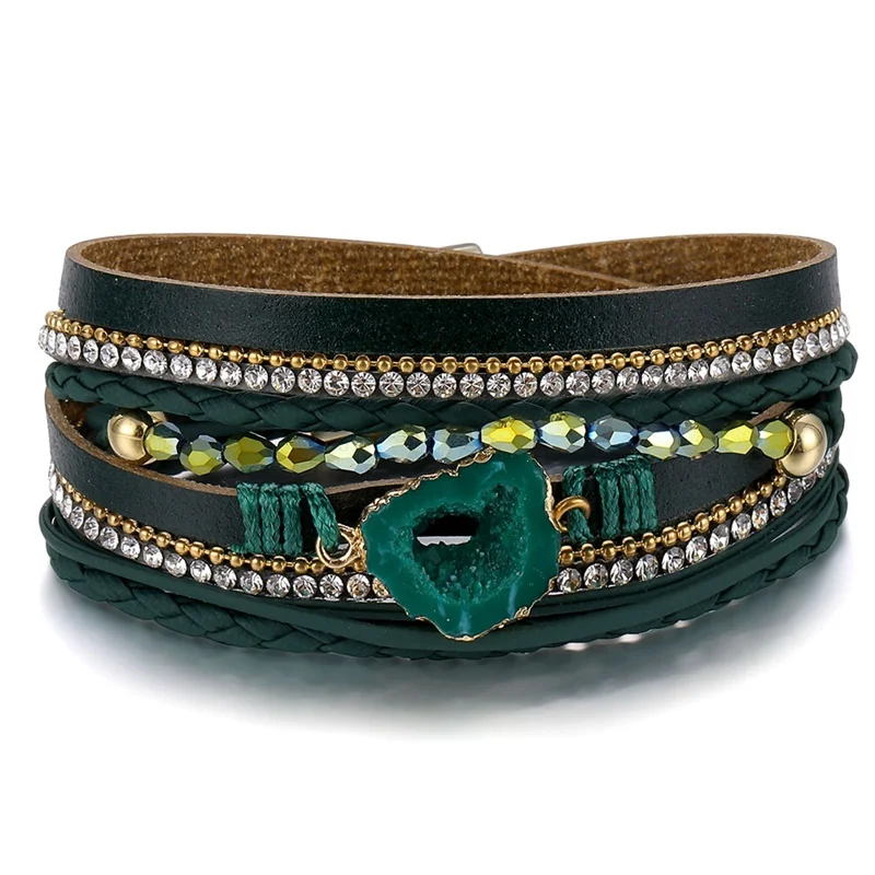 

New Leather Green Stone Buckle Leather Bracelet Multiple Layers Beads Crystal Bracelets For Woman Fashion Charm Gifts 2019 New