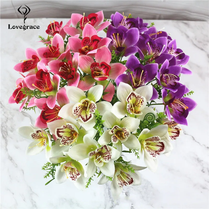 10Pcs/Bouquet Artificial Orchid Flore White Silk Fake Orchid Flower DIY