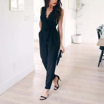 

Lace Patchwork Belt Women Rompers V-Neck Sleeveless Bow Casual Solid Female Jumpsuit 2020 Summer New Fashion Ladies Jumpsuits