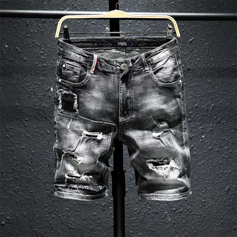 Pantalones cortos de mezclilla rasgados para hombre, Vaqueros cortos rasgados grises, con agujeros, negros, de alta calidad, elásticos de algodón, Vaqueros cortos hasta la rodilla, novedad de verano