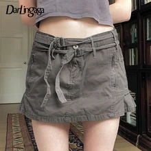 

Darlingaga Streetwear Y2K Cargo Straight Low Waist Denim Skirt Grunge Fairycore Belt Solid Mini Skirts Women Summer Short Bottom