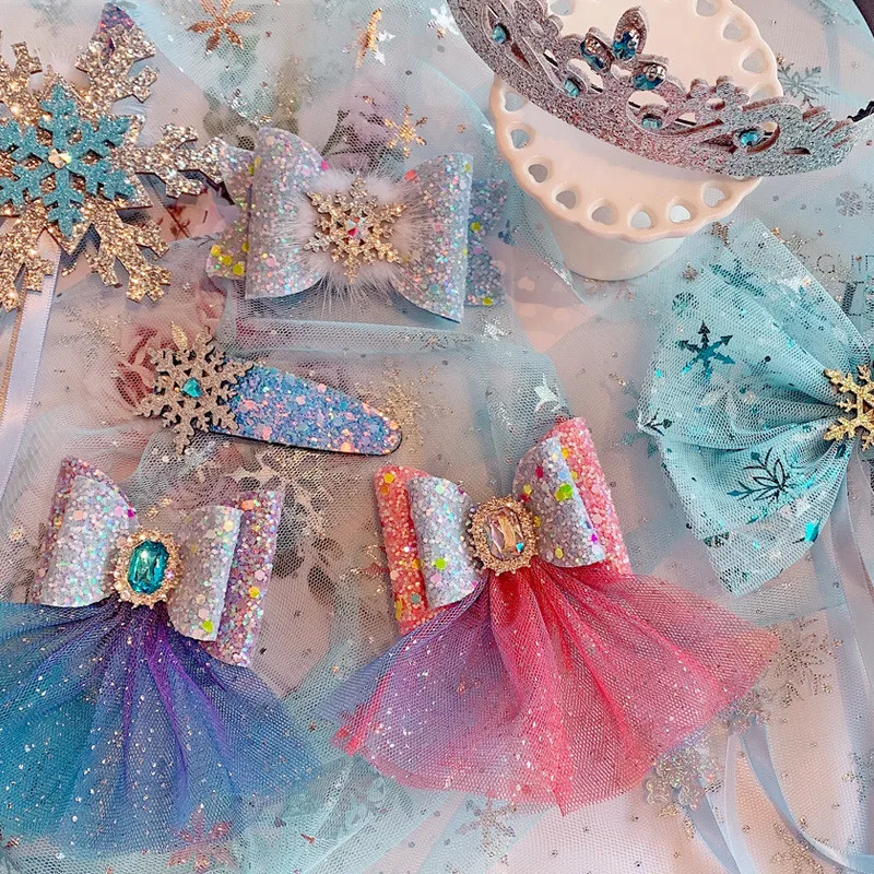 5pcs/lot Christmas Glitter Snowflake Hair Bows For Girls Handmade Double Layered Hairgrips Dance Party Girls Hair Accessories