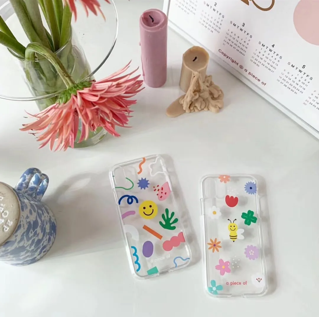 

INS Korea super fire simple smiley face phone case For iphone Xs max Xr Xs X 6 6s 7 8 plus color flower bee clear soft TPU Cover