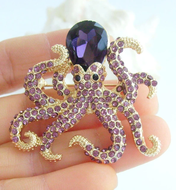 Purple Crystal Rhinestone Jewel Chic Octopus Pin Brooch