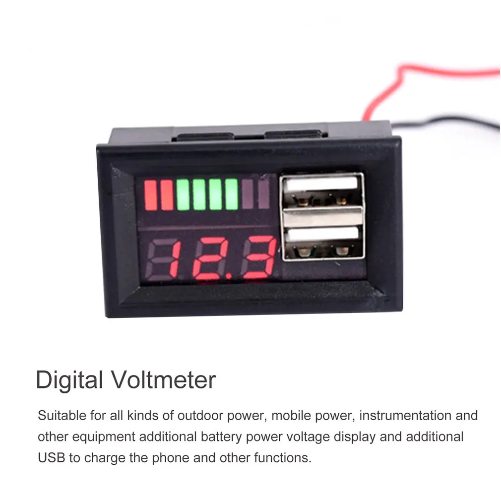 LED Digital Display Voltmeter Voltage Meter Volt Tester Dual USB 5V 2A For DC 12V Cars Motorcycles Vehicles Battery Capacity