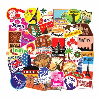 

100Pcs/Set Travel Map Country Famous Logo PVC Waterproof Stickers Kids Toys Decor Suitcase Bicycle Car Guitar Skateboard