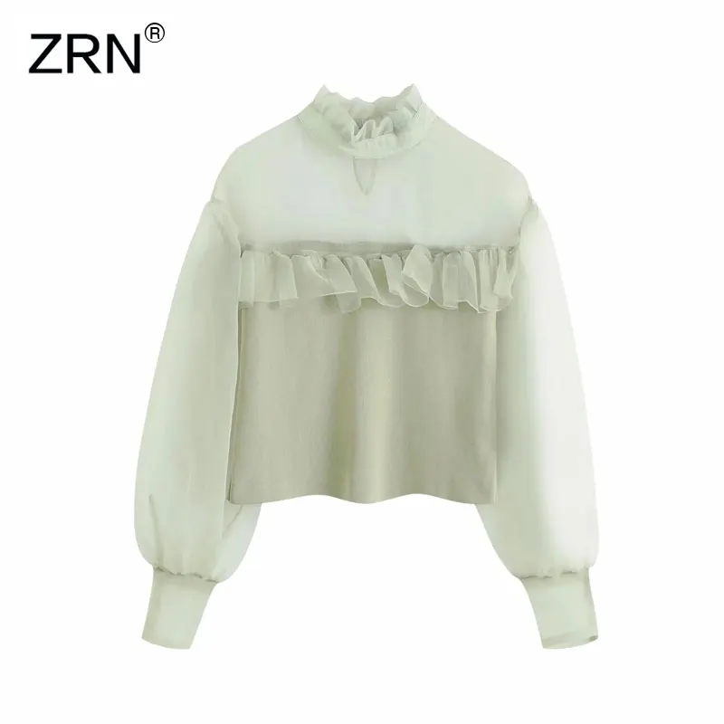 ZRN Women 2020 Vintage Knit Blouse Organza High neck Ruffled Trim Semi-sheer Tops Casual Fashion ropa mujer femme Shirts | Женская