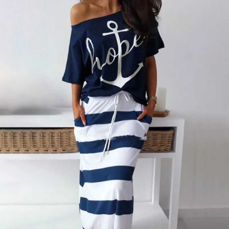 Женский комплект из 2 предметов футболка с открытыми плечами и принтом лодки