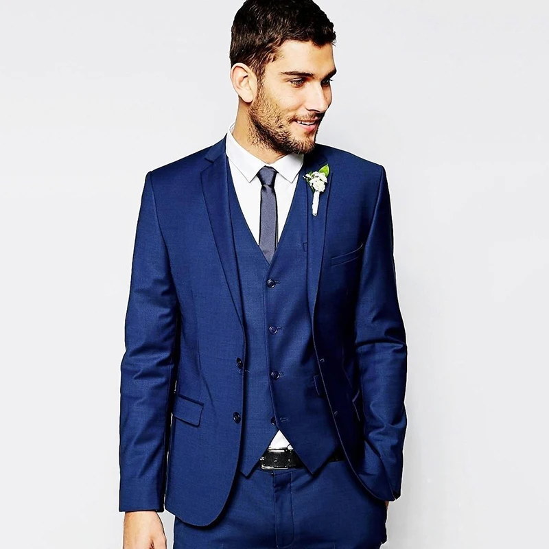 

Men's Business Suit Notched Lapel Back Vent Blue Groom Tuxedos Men Party Groomsmen Suits Three Pieces (Jacket+Pants+Vest)