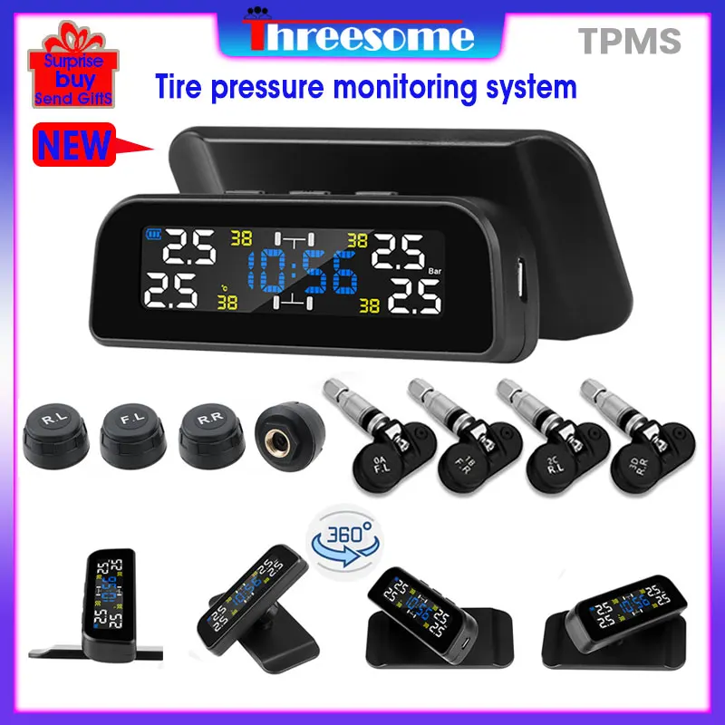 

TPMS wireless car tire pressure and temperature alarm monitoring system time alarm 360degree rotation solar charging tpms sensor