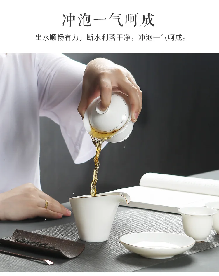 Dehua Ceramic Whiteware Manufacturers White Jade Porcelain Gold Foil Top Grade Business Gift Ceramic Kung Fu Travel Tea Set Whol