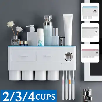 

2/3/4 Cup Bathroom Accessories Toothbrush Holder Automatic Toothpaste Dispenser Storage Rack Wall Mount Rack Tools Set