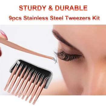 

9pcs Tweezers Kit Multi-functional Curved Straight Tweezers for Hair Removal Eyelash Extension Nail Art Decoration Ear Wax Clean