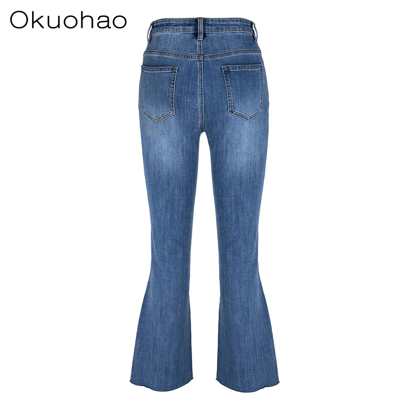 Okuohao/джинсы, высокие обтягивающие джинсы для женщин, новинка, повседневные джинсы, эластичные синие расклешенные брюки, джинсы для женщин