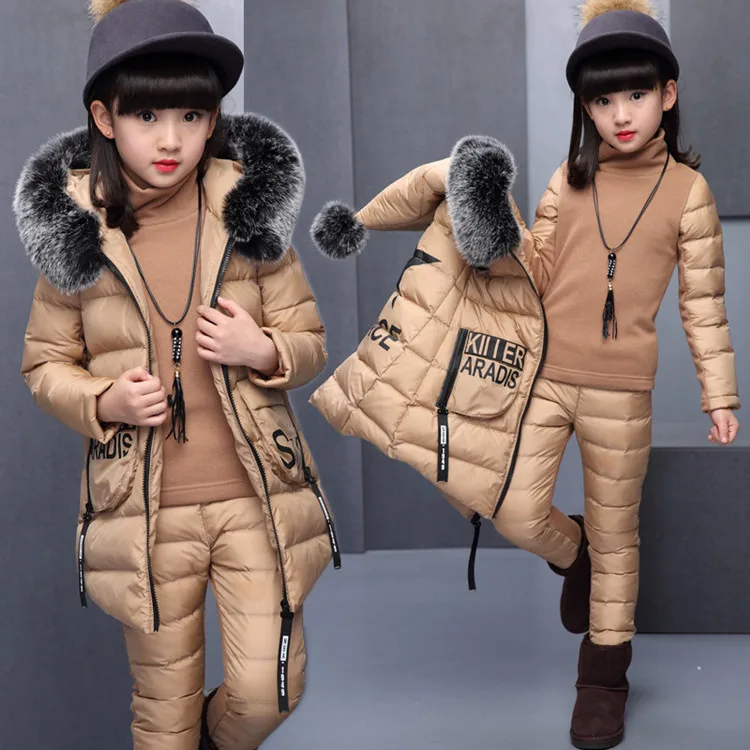 Комплекты одежды для русской зимы для девочек, теплый жилет с капюшоном, куртка+ теплый топ+ штаны, комплект зимней одежды из 3 предметов для девочек, хлопковое пальто с меховым капюшоном - Цвет: khaki