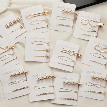 

3Pcs/Set Women Girls Fashion Oval Heart Crown Geometric Hair Clips Pearl Golden Metal Hairpin Barrette Hair Styling Accessories