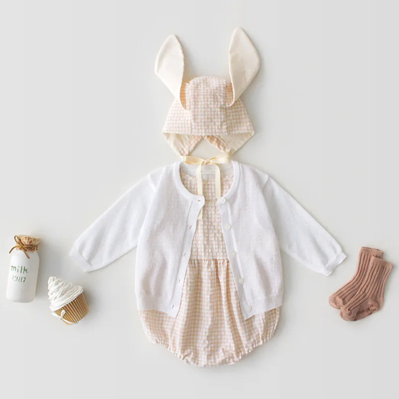 Одежда для малышей от 0 до 3 лет г. Летние костюмы с ушками кролика для маленьких девочек комбинезоны для маленьких мальчиков клетчатая Одежда для новорожденных без рукавов