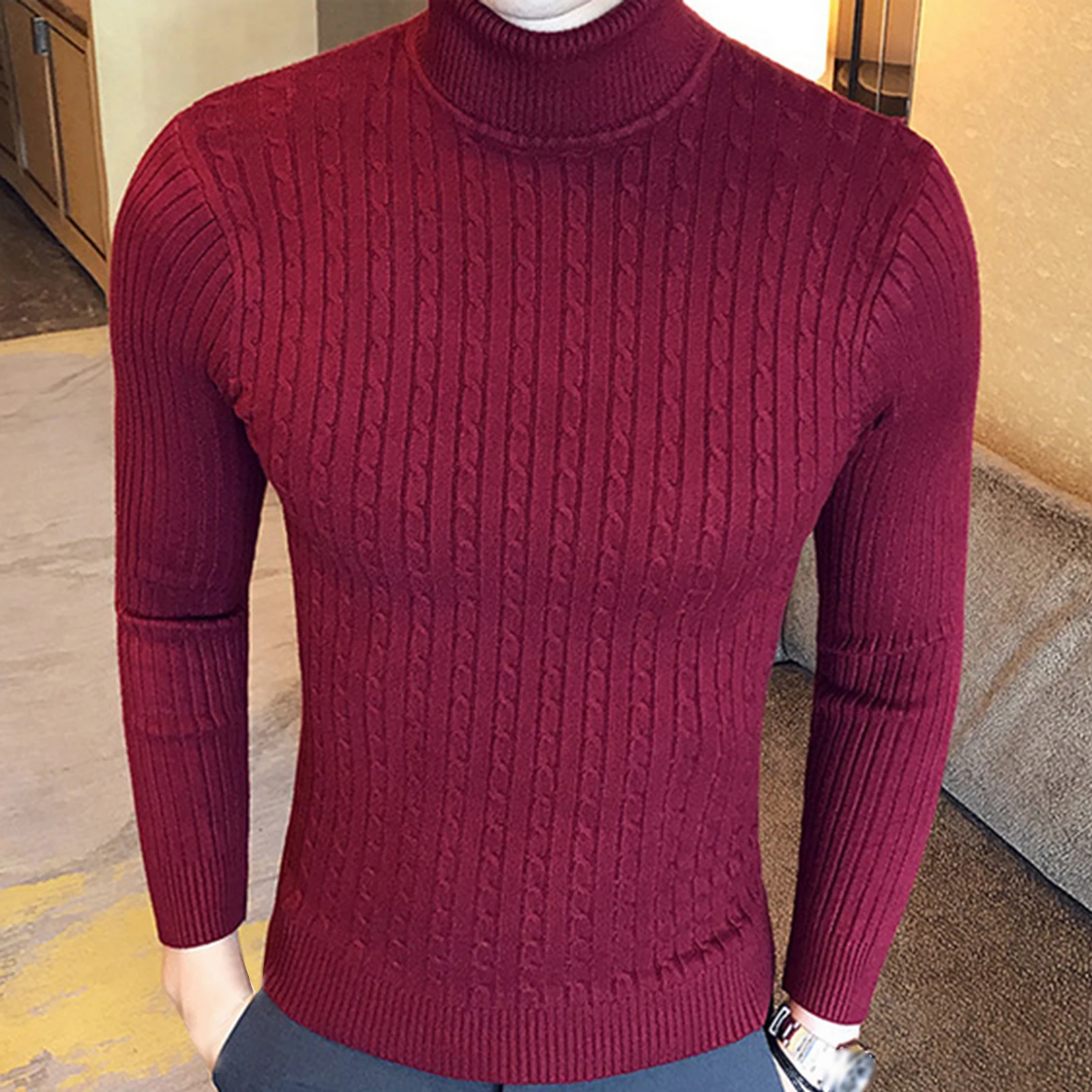 banana republic mens sweaters Casual Men Winter Solid Color Turtle Neck Long Sleeve Twist Knitted Slim Sweater Men's Knitted Sweaters Pullover Men Knitwear mens cream sweater