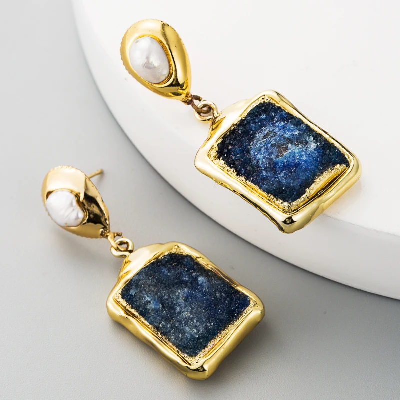 

Korean and European Big Brand Gangle Earrings Luxury Design Pure Natural Stone and Natural Pearls Square Drop Earrings for Lady