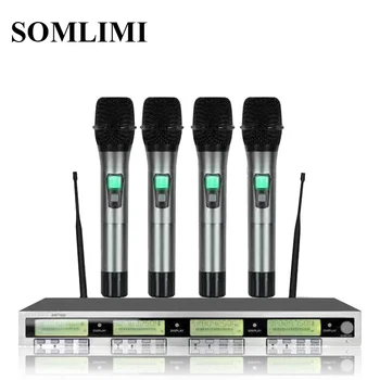 شراءسوم عالية الجودة المهنية AWT400 4 قنوات يده ميكروفون لاسلكي المهنية Lavalier كليب سماعة رأس مع ميكروفون