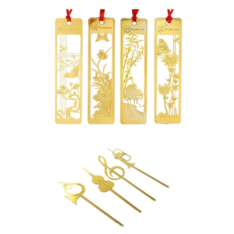 8 Pcs Western Instrument Book Mark Vintage Metal Music Bookmark Trumpet Violin F145 & 4x Chinese Bookmarks Set |