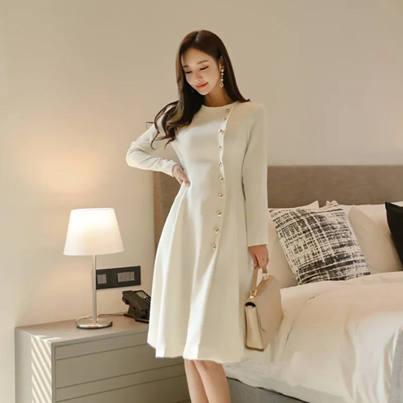 

Women's 2019 Autumn New Style Korean-style Fashion Waist Hugging Slimming Single Breasted Mid-length A- line Big Hemline Dress