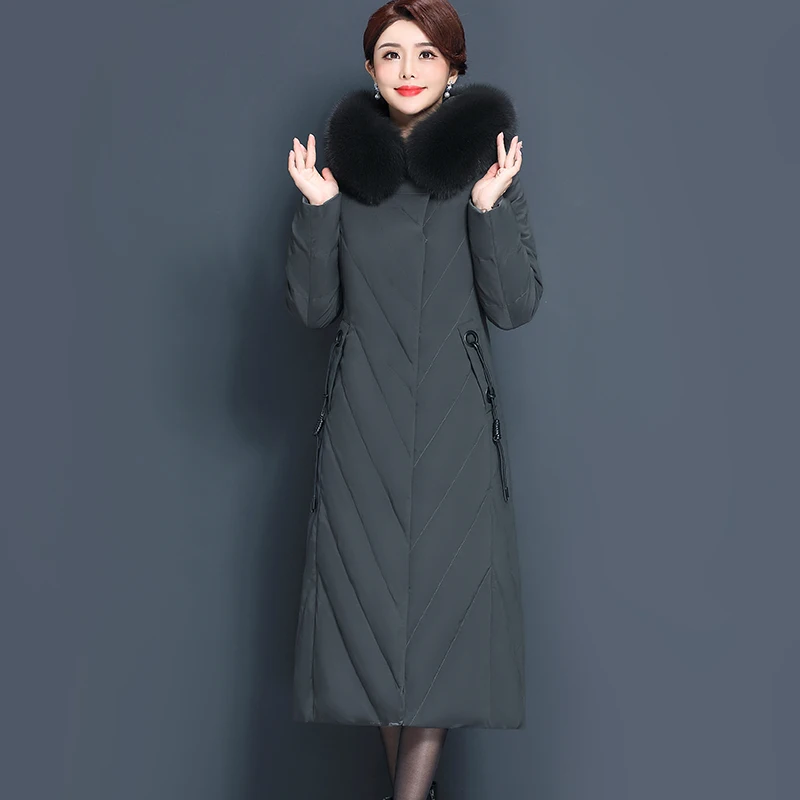 90% белый пуховик на утином пуху, женское плотное длинное зимнее пальто, женская куртка с капюшоном из натурального Лисьего меха, плюс Размер 6XL YQ414 - Цвет: Серый