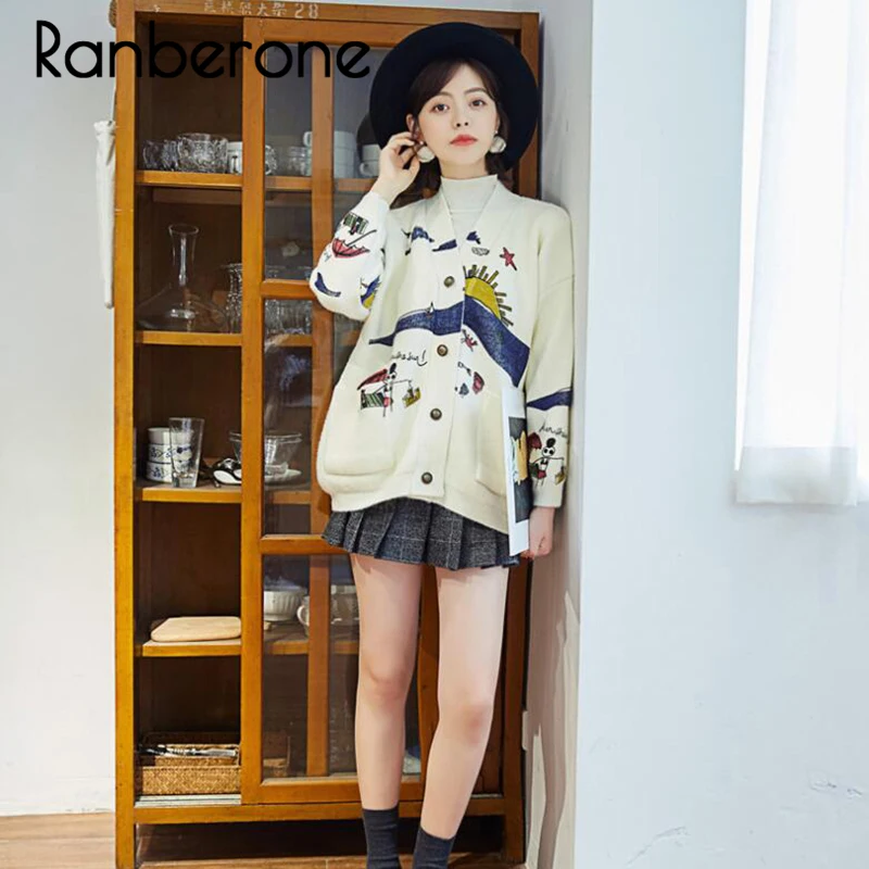 Ranberone Women Sweater Cardigan Spring Woman Knitted Cardigan Sweaters Japanese Girl V-neck Jacquard Cardigan Sweater Winter Ranberone Women Sweater Cardigan Spring Woman Knitted Cardigan Sweaters Japanese Girl V-neck Jacquard Cardigan Sweater Winter
