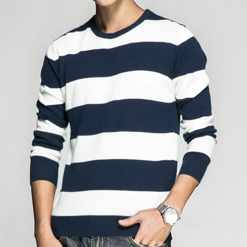 Повседневный полосатый мужской свитер, Новинка осени, лоскутные мужские пуловеры, мужские облегающие вязаные свитера с круглым вырезом для мужчин