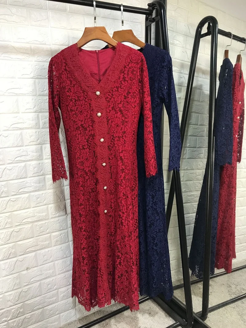 red Высокое качество, кружевное платье, весна-лето, Стильное женское платье с v-образным вырезом, с пуговицами, с длинным рукавом, до середины икры, вечерние, темно-синие, красные - Цвет: red